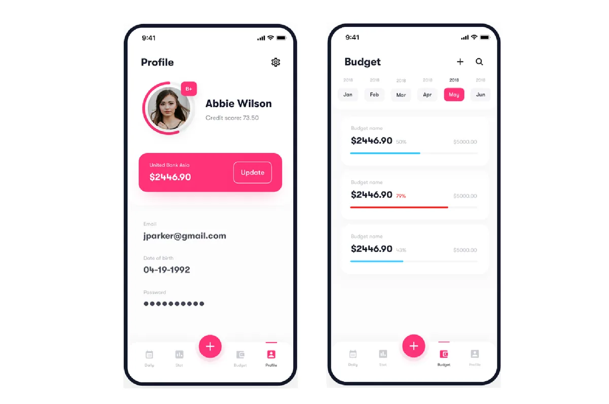 Two mobile app screens for a profile and a budget view
